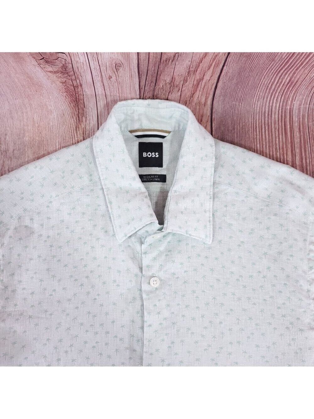 Hugo Boss Lukka Shirt Mens Medium Regular Fit Stretch Linen Blend Palm Tree Mint